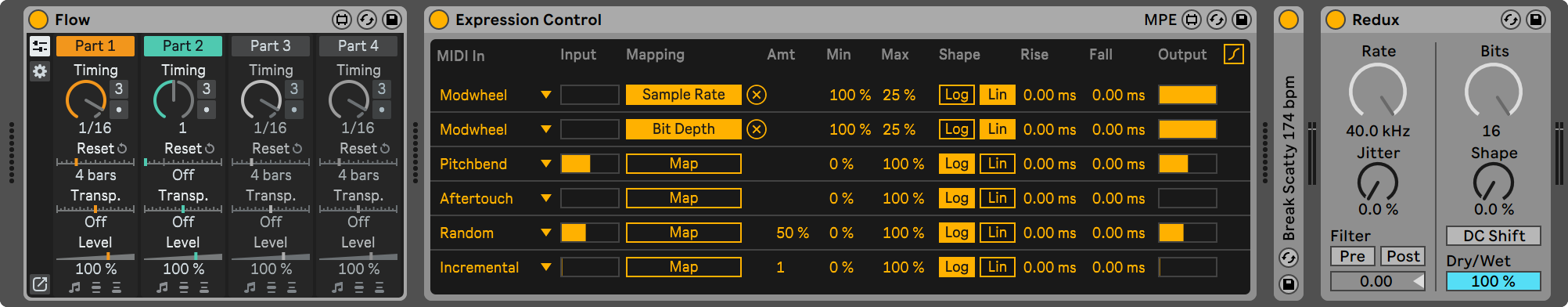 MIDI track with Expression Control device controlling Redux audio effect