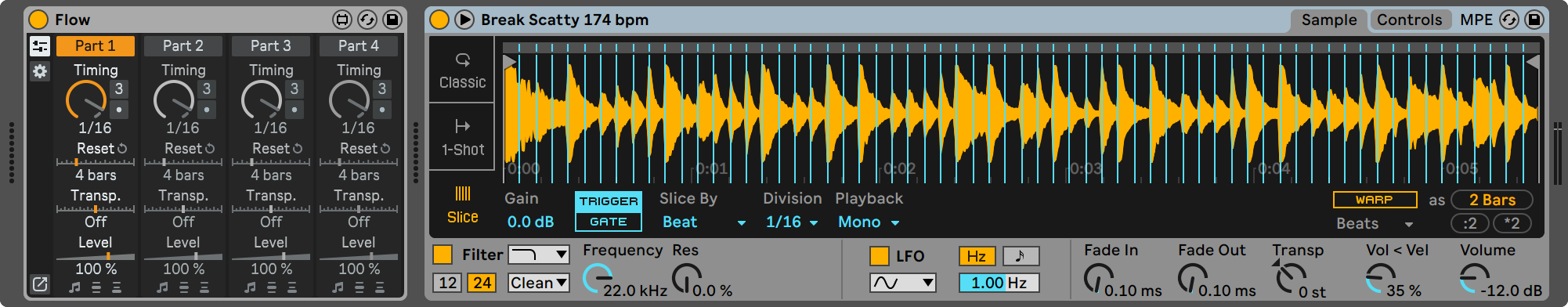 MIDI track with Flow and a sliced drum loop