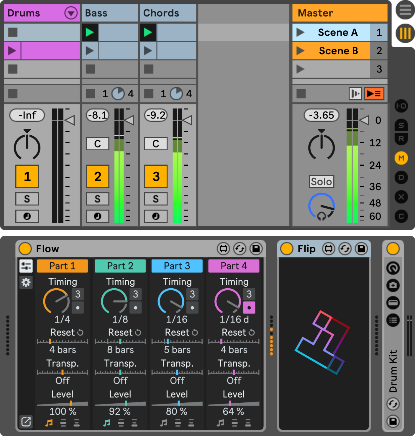 Flip mutes input MIDI signals because there are no launched Session View clips on Track 1
