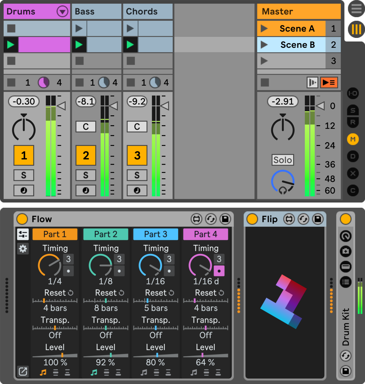 Flip unmutes input MIDI signals because there is a launched Session View clip on Track 1