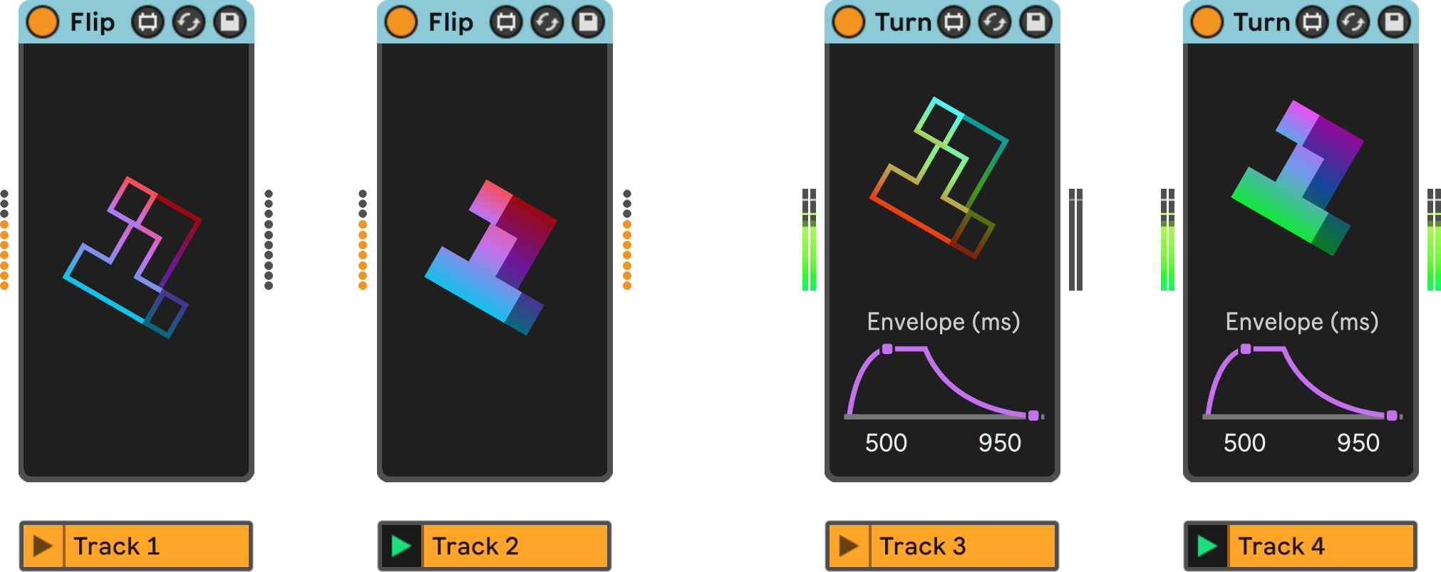 Flip and Turn mute the MIDI or audio signal according to the status of Session View clip