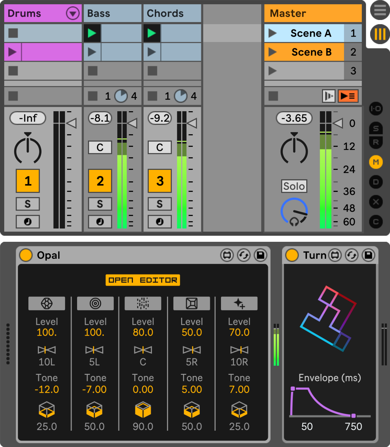 Turn mutes input audio signals because there are no launched Session View clips on Track 1